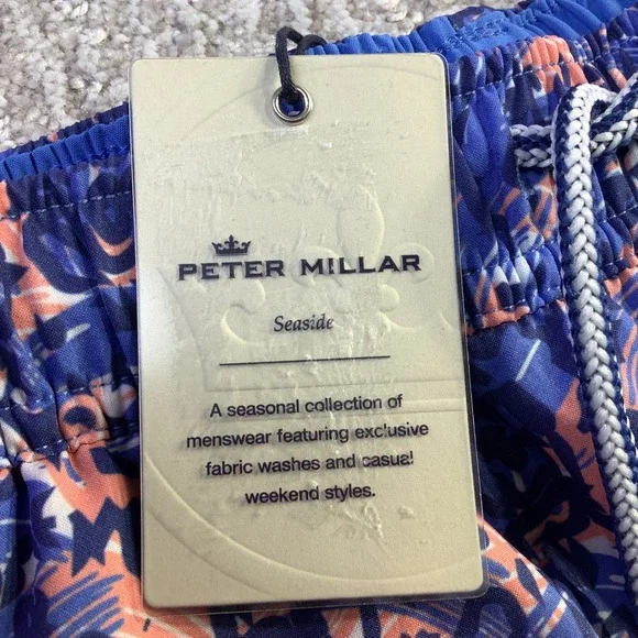 Peter Millar Seaside Mens Blue Coral Abstract Swim Trunks Size Small NWT